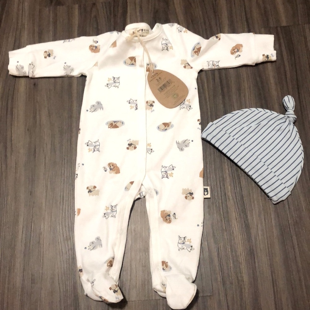 3-6M Button Up Pajama Overall with Knotted Hat